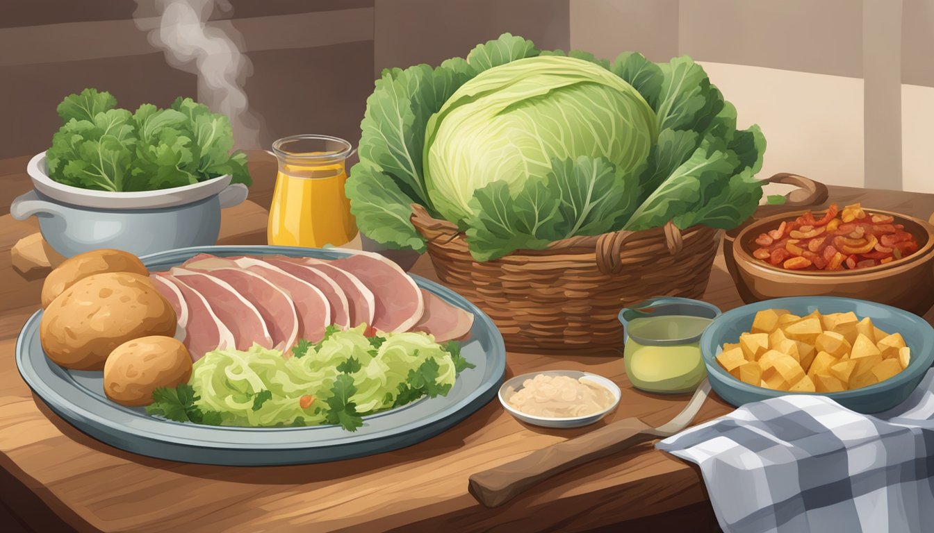 A rustic kitchen table set with a steaming plate of trinxat, a traditional Catalan dish, surrounded by the ingredients of cabbage, potatoes, and bacon