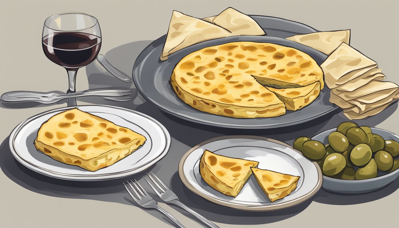 A table set with a plate of tortilla española, a fork, and a napkin. A glass of wine and a bowl of olives sit nearby