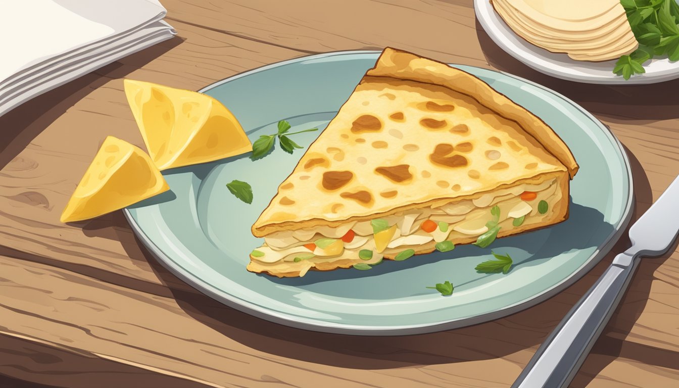 A plate with a slice of tortilla española, a fork, and a napkin on a wooden table