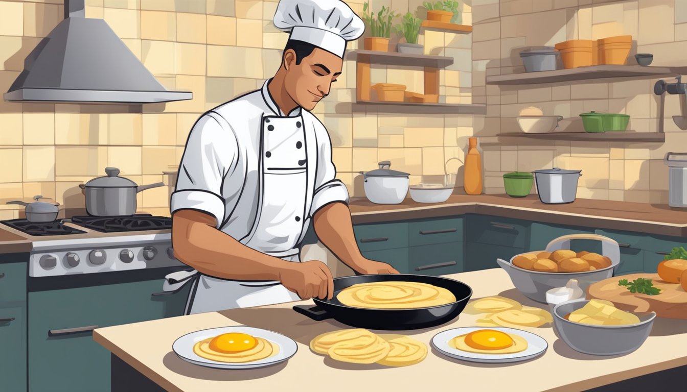 A chef slicing potatoes and onions, whisking eggs, and frying them in a pan to make a tortilla española