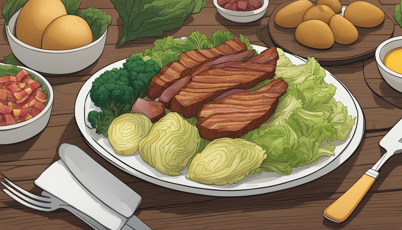 A plate of trinxat sits on a wooden table, surrounded by fresh ingredients like cabbage, potatoes, and bacon. A fork is positioned next to the dish