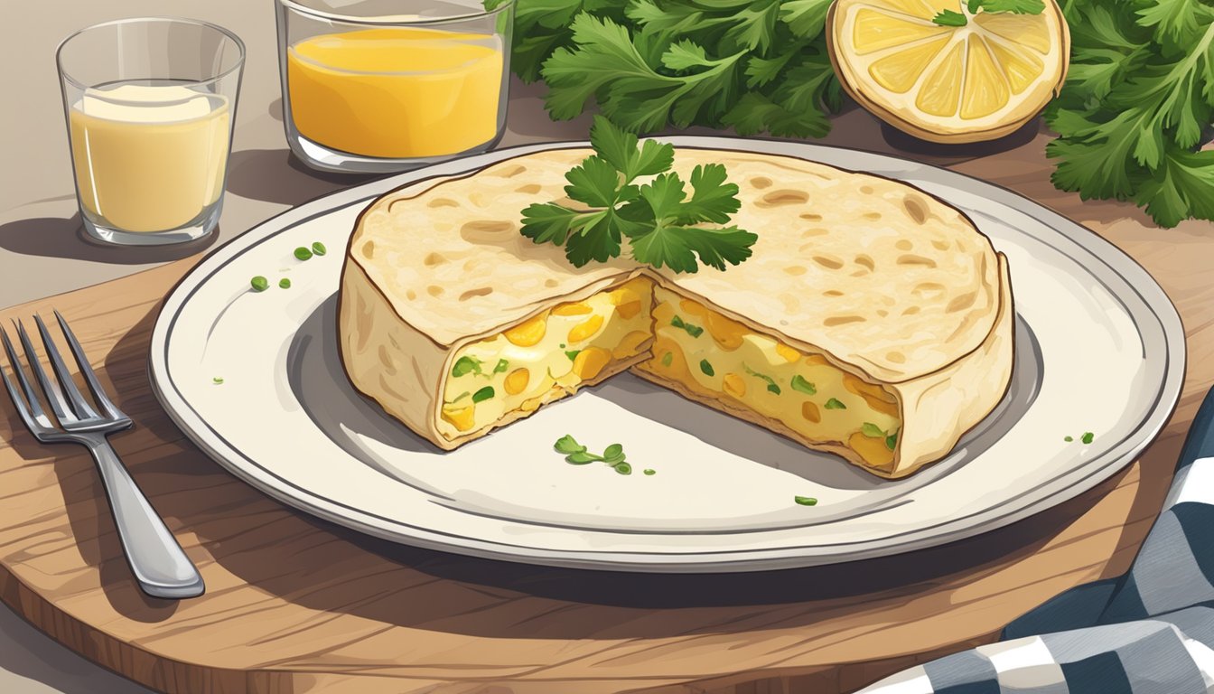 A tortilla española being sliced and served on a plate with a side of aioli and a garnish of fresh parsley