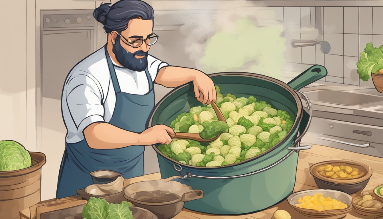 A person cooks trinxat in a large pot, boiling potatoes and cabbage. They mash the ingredients together with a wooden spoon and form them into patties