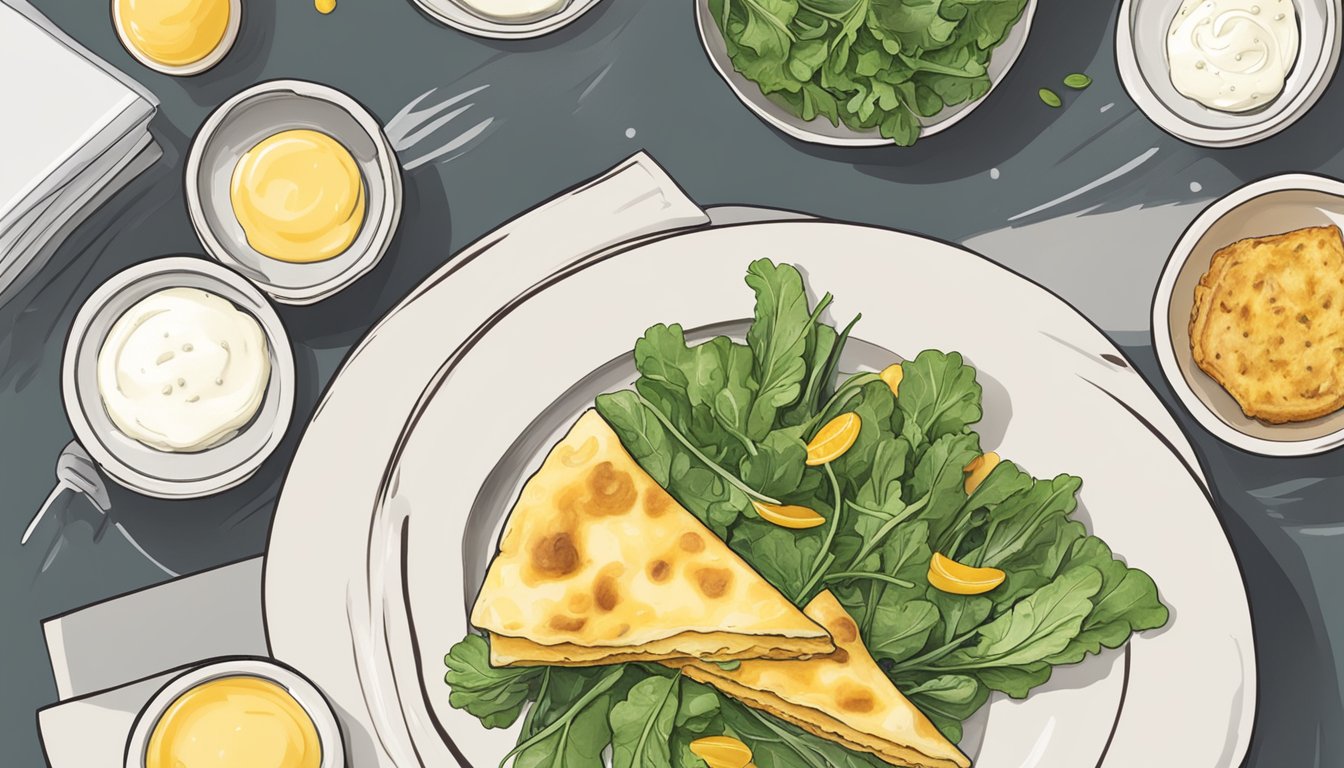 A plate with a slice of tortilla española, accompanied by a side of mixed greens and a dollop of aioli