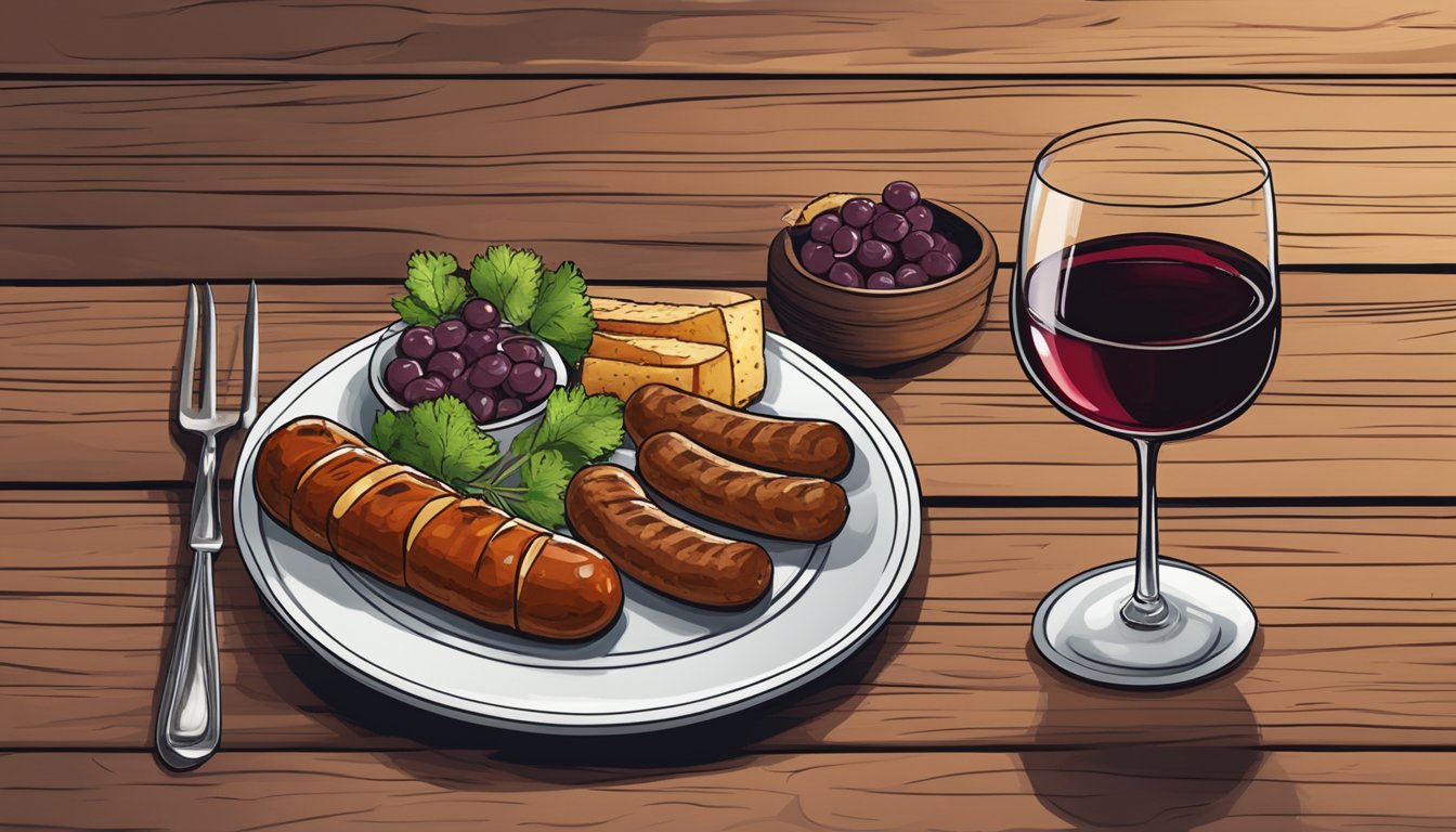 A plate of trinxat served with a side of grilled sausage and a glass of red wine on a rustic wooden table