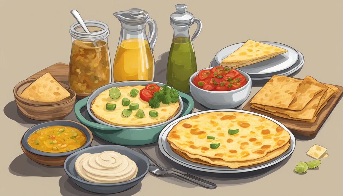 A table set with a plate of tortilla española, accompanied by various toppings and condiments