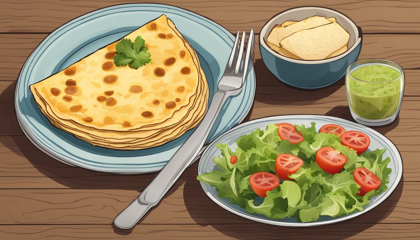 A plate with a sliced tortilla española, a fork, and a side of salad on a wooden table