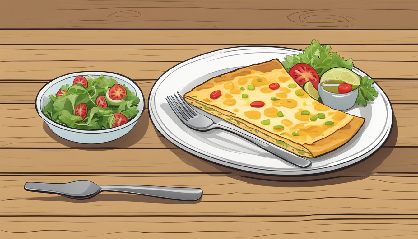 A plate with a slice of tortilla española, a fork, and a side of salad on a wooden table