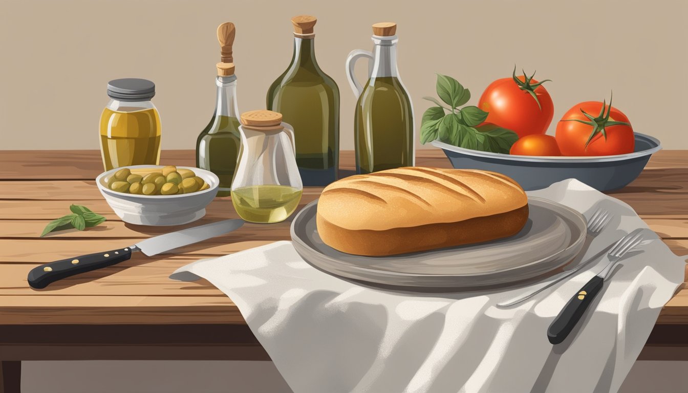 A rustic table with a loaf of bread, a ripe tomato, a clove of garlic, a bottle of olive oil, and a knife