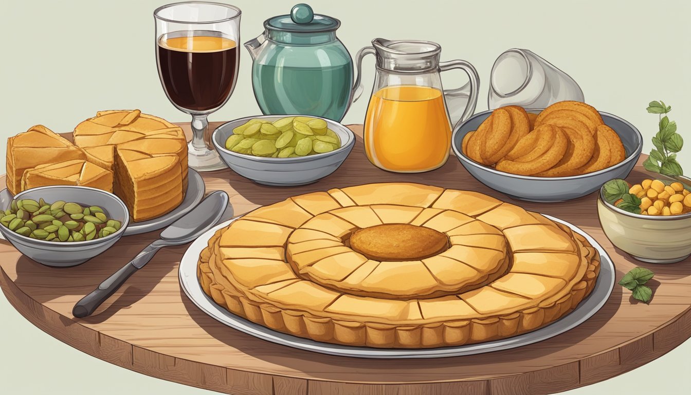 A table set with a coca de recapte, a traditional Catalan pastry, surrounded by local ingredients and utensils for slicing and serving