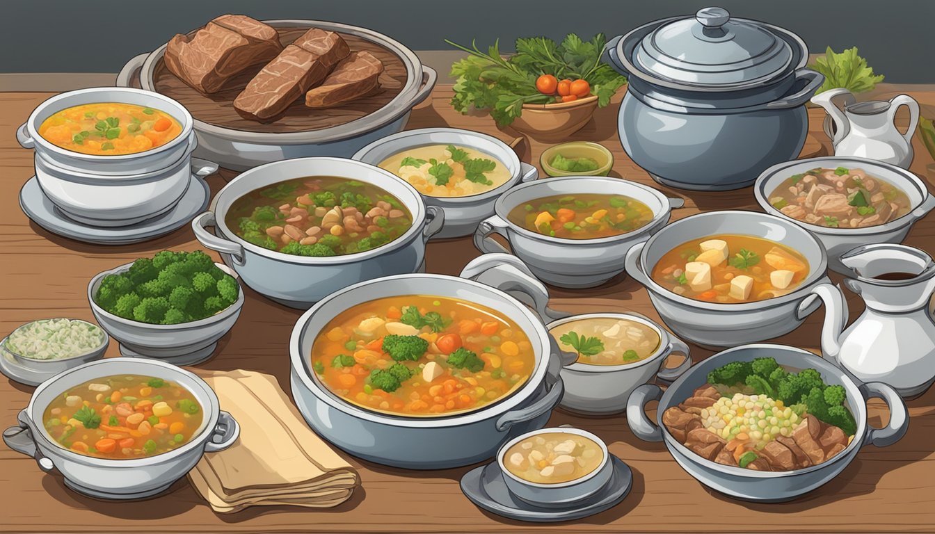 A table set with a steaming pot of escudella i carn d'olla, surrounded by a bowl of broth, a platter of meat and vegetables, and a stack of soup bowls