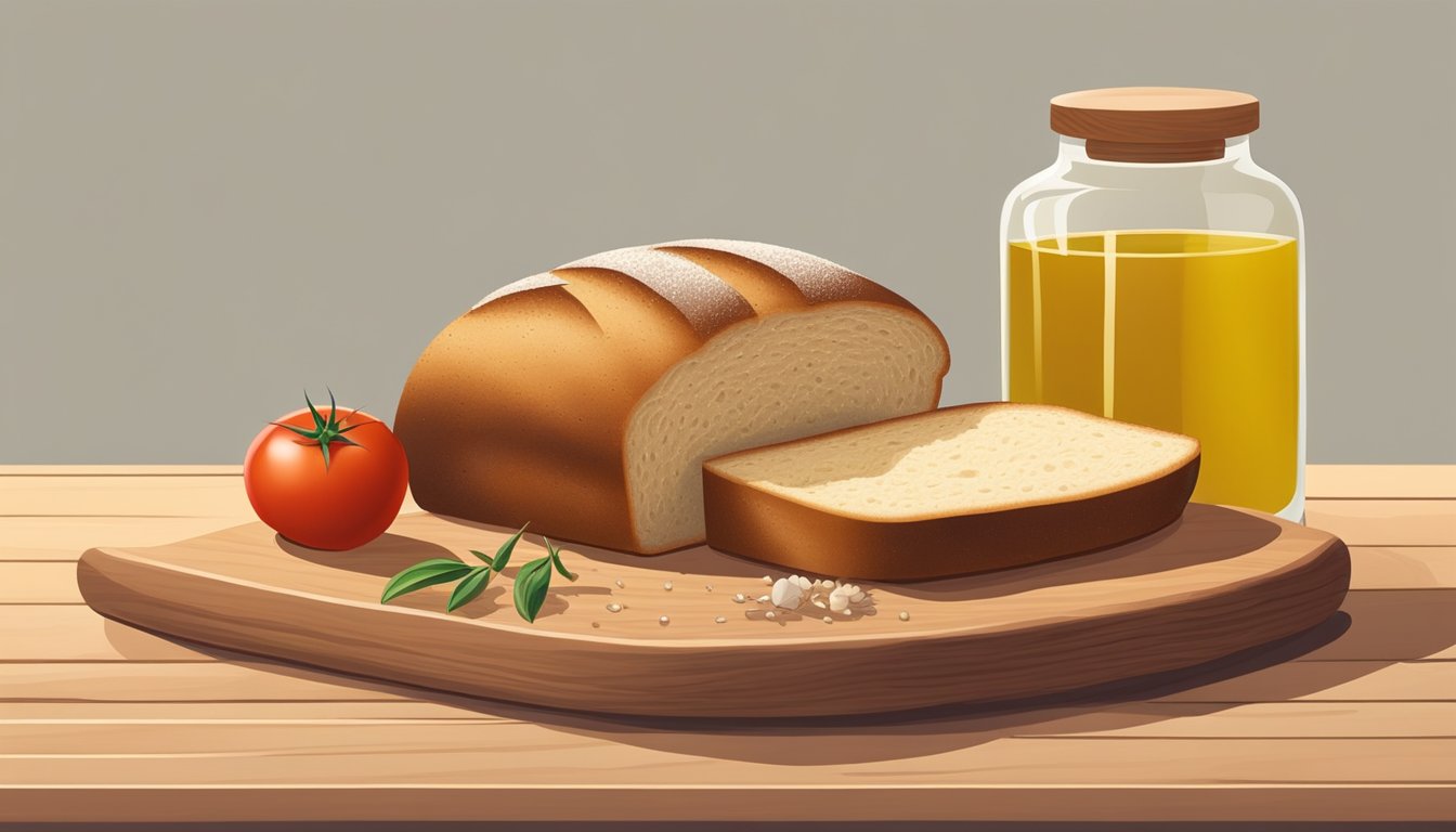 A loaf of bread, a ripe tomato, and a clove of garlic sit on a wooden cutting board. A small dish of olive oil and a sprinkle of salt complete the scene