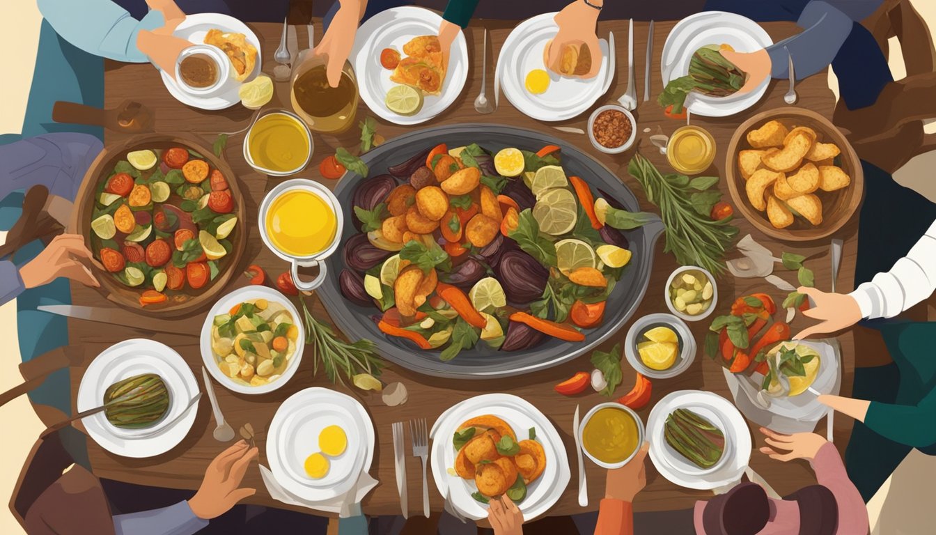 A rustic table set with a platter of coca de recapte, topped with roasted vegetables and drizzled with olive oil, surrounded by a group of friends enjoying the traditional Catalan dish