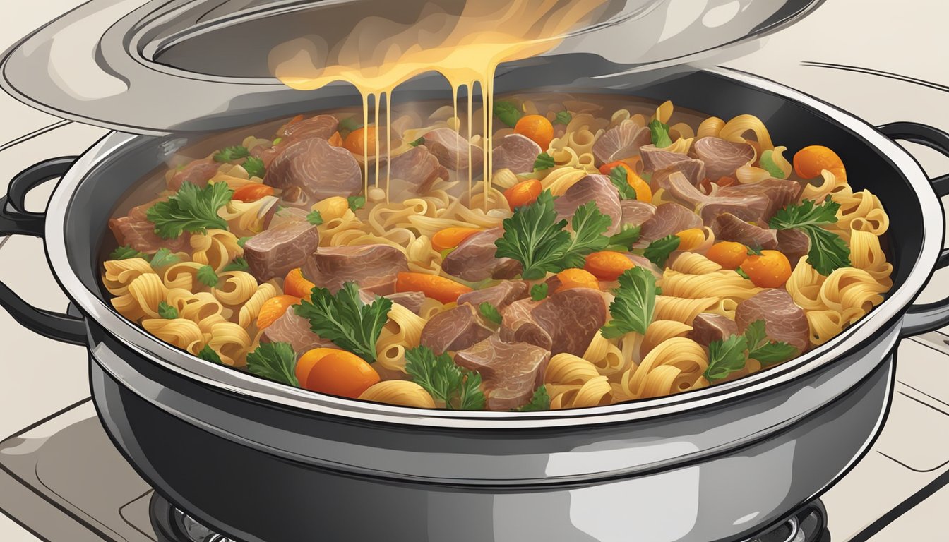 A large pot of escudella i carn d'olla simmers on a stove, filled with various meats, vegetables, and pasta, emitting a rich and savory aroma