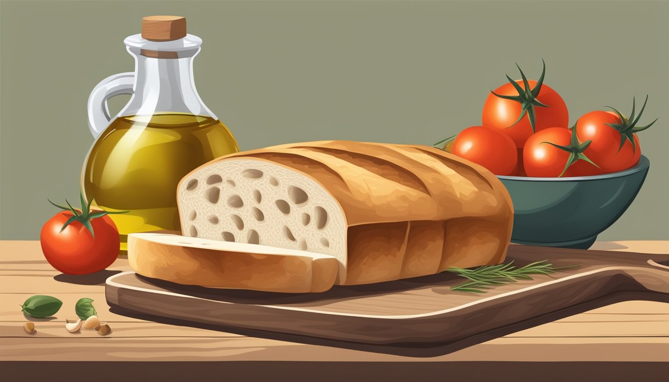 A rustic loaf of bread, a ripe tomato, a clove of garlic, and a bottle of olive oil arranged on a wooden cutting board