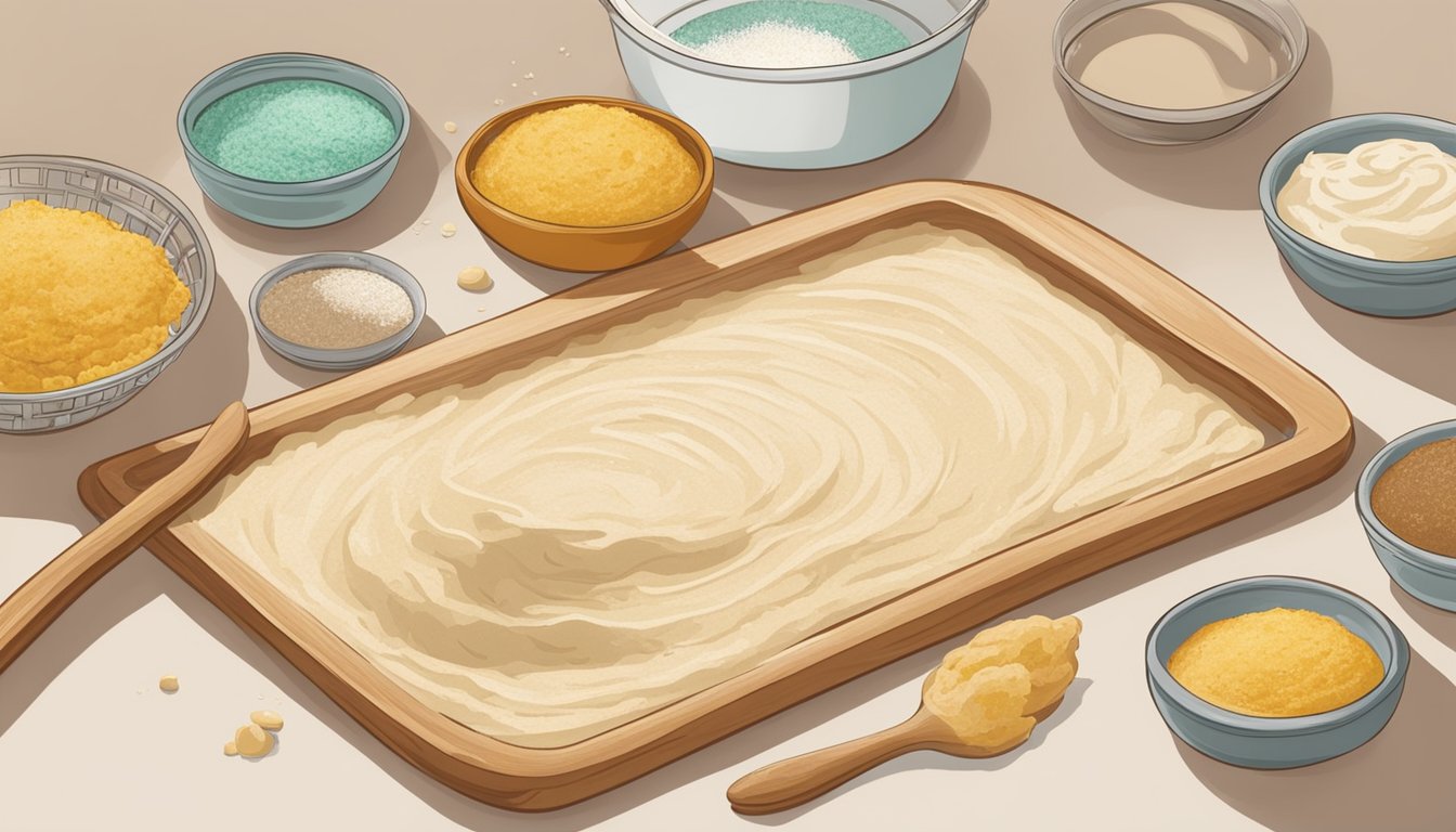 A person rolling out dough for coca de recapte on a floured surface, with ingredients and utensils nearby