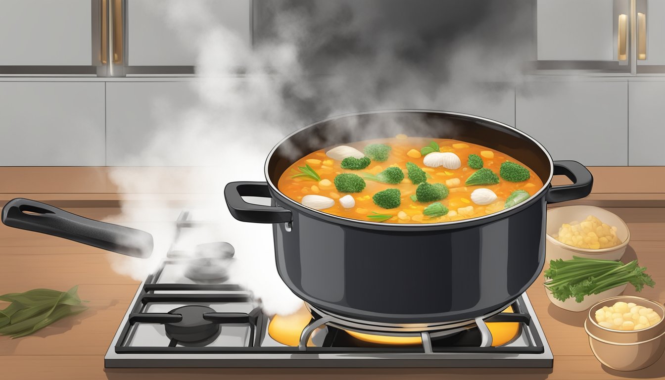 A pot of escudella i carn d'olla simmering on a stove, with steam rising and traditional ingredients visible