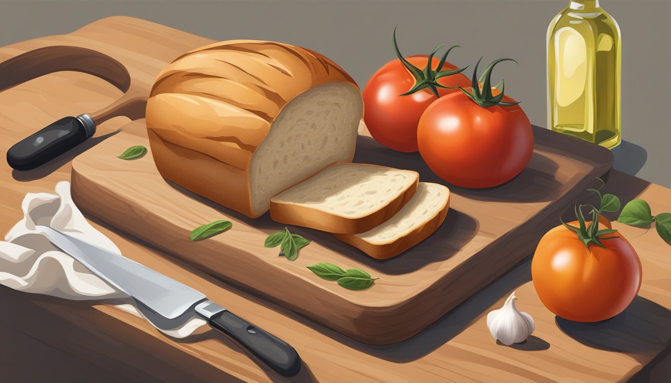 A loaf of bread, a ripe tomato, a clove of garlic, and a bottle of olive oil laid out on a wooden cutting board