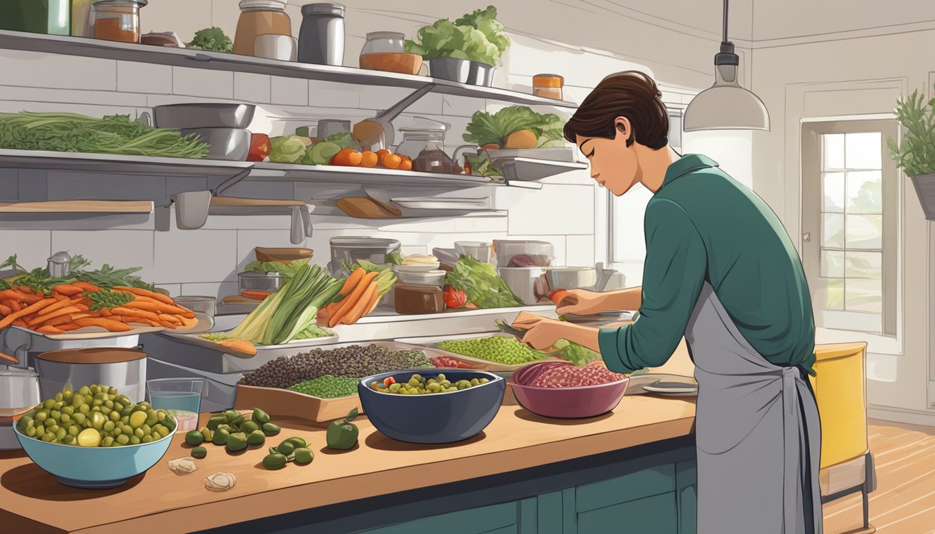 A person standing at a kitchen counter, selecting and preparing various toppings such as roasted vegetables, olives, and anchovies for a coca de recapte