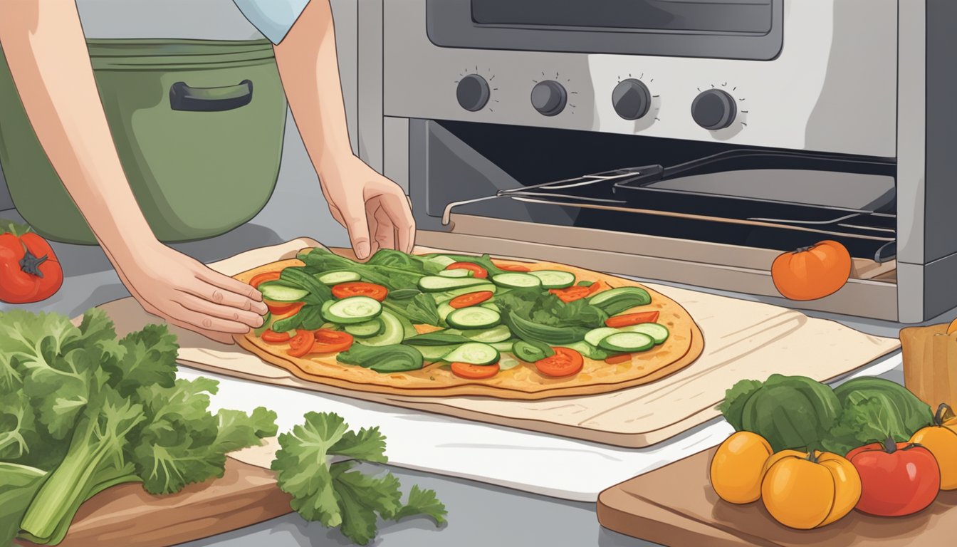 A person placing sliced vegetables on a flatbread before placing it in the oven