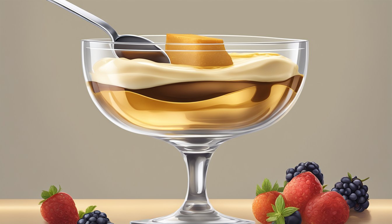 A spoon dipping into a smooth, golden layer atop a rich, creamy dessert in a clear glass dish