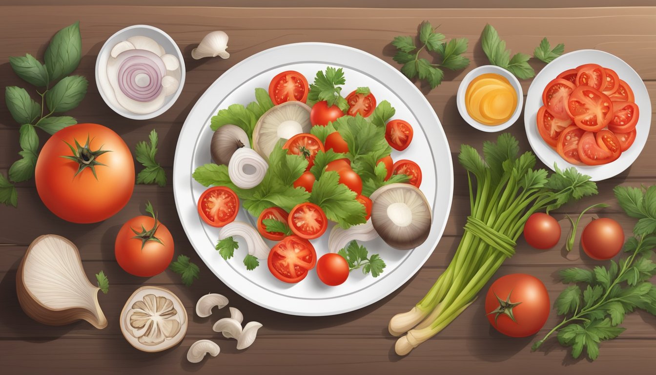 A table set with a plate of fricandó, surrounded by essential ingredients such as tomatoes, onions, and mushrooms