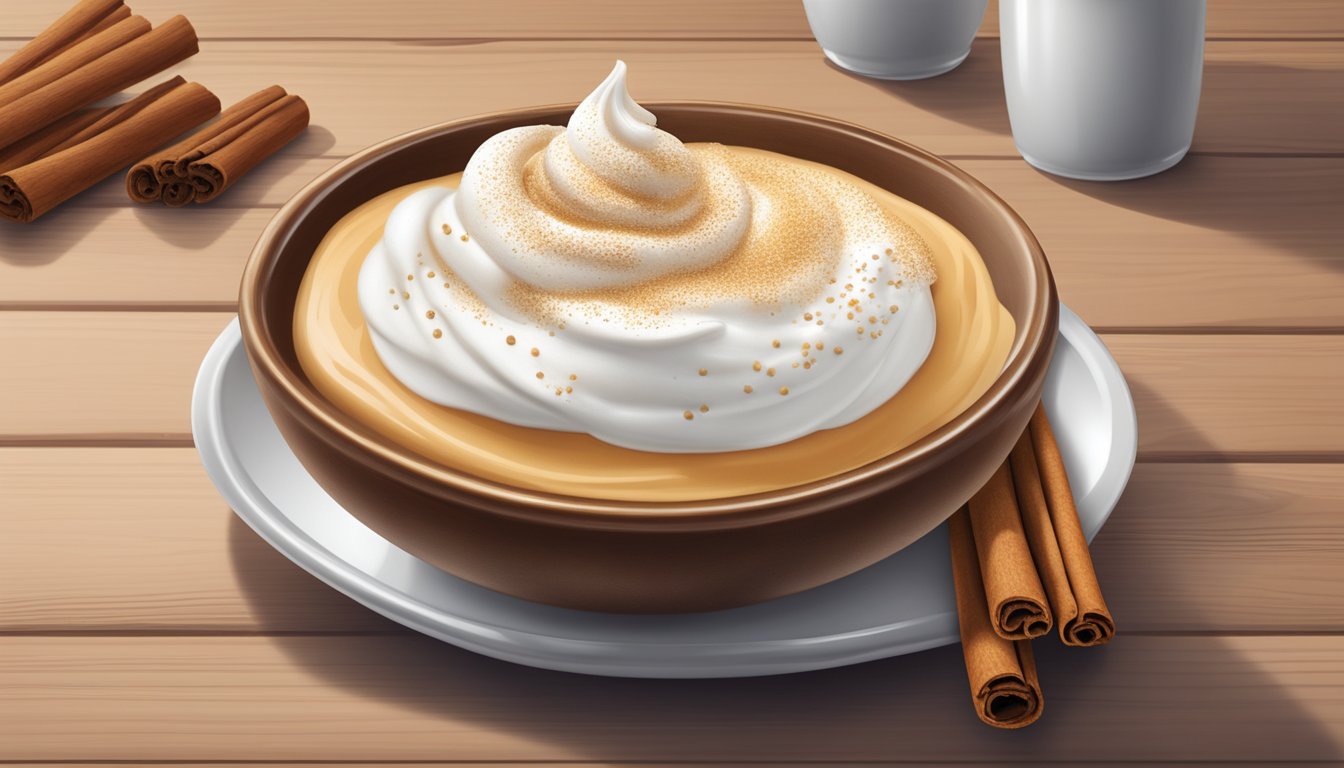 A bowl of Crema de Sant Josep is placed on a wooden table, garnished with a sprinkle of cinnamon and a dollop of whipped cream