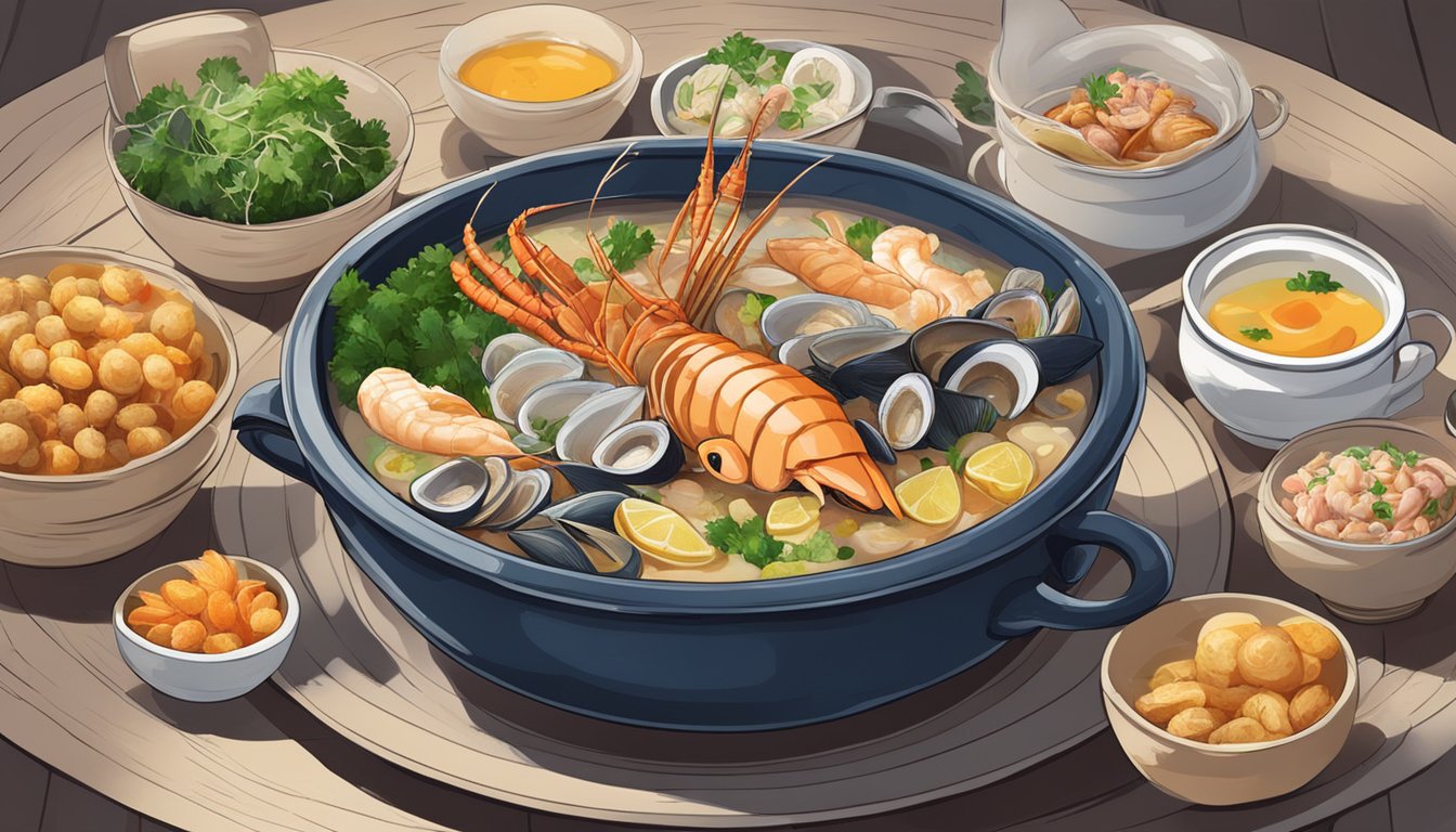 A steaming bowl of suquet de peix surrounded by a variety of fresh seafood, potatoes, and a rich, flavorful broth