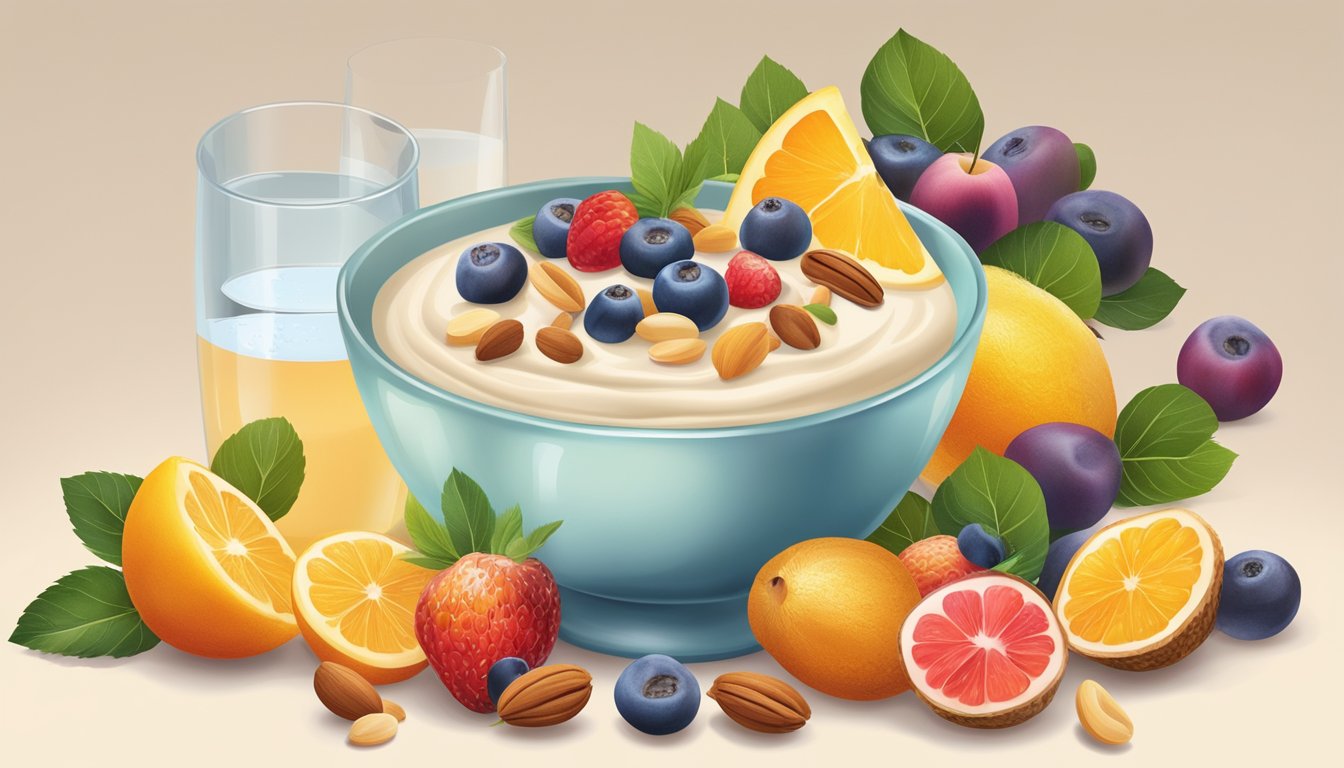 A bowl of crema de Sant Josep surrounded by a variety of fresh, colorful fruits and nuts, with a glass of water on the side