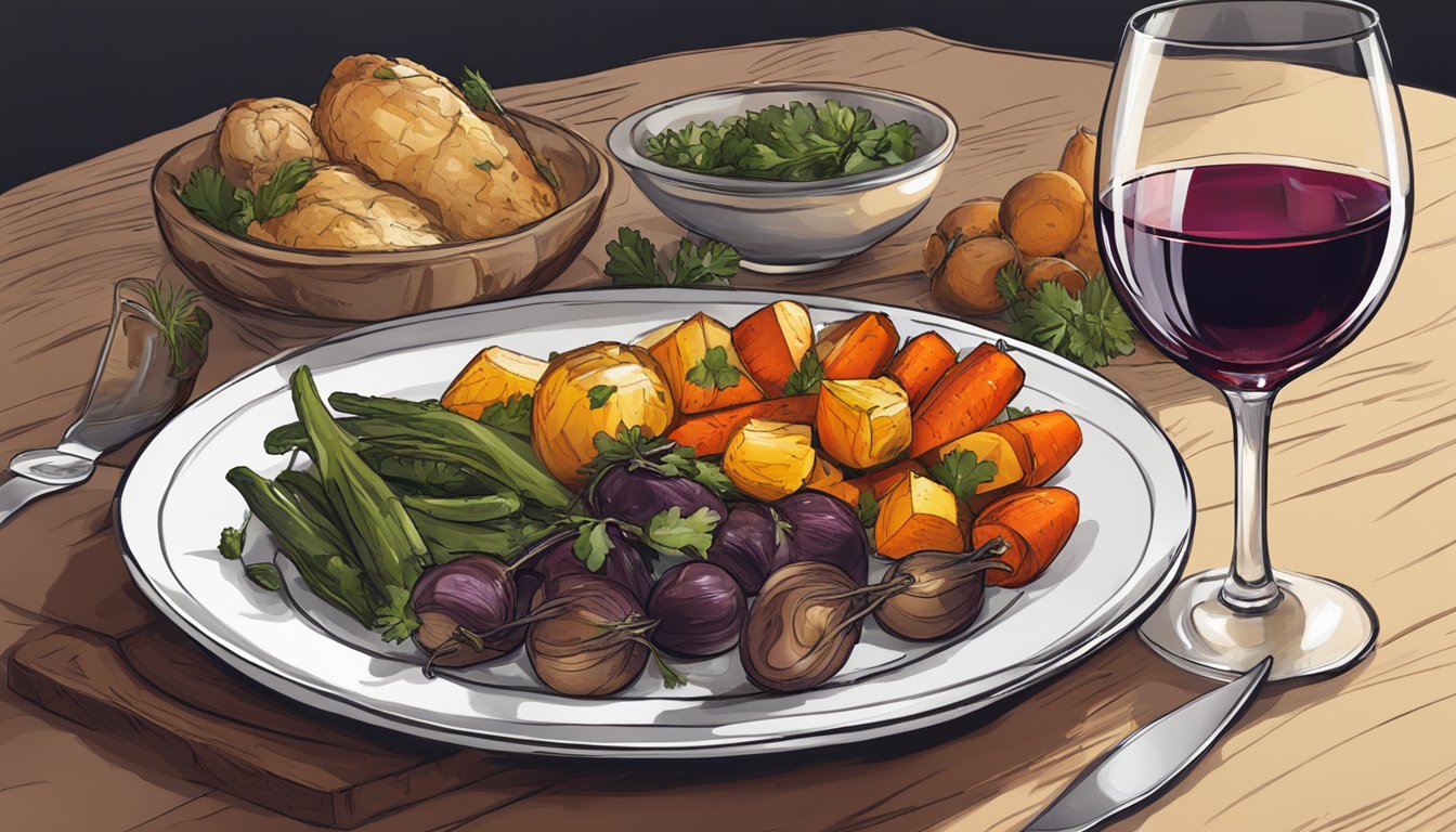 A table set with a plate of fricandó, accompanied by a glass of red wine and a side of roasted vegetables