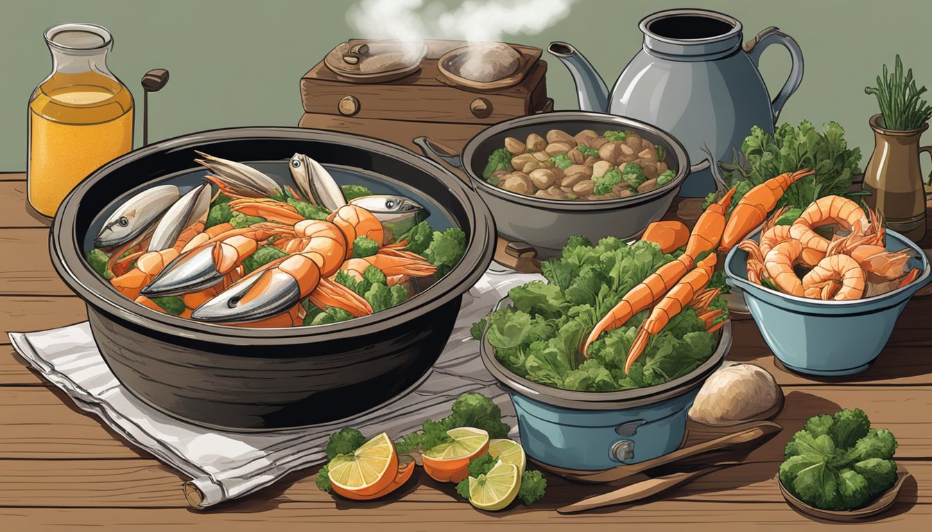 A steaming bowl of suquet de peix sits on a rustic wooden table, surrounded by fresh seafood, vegetables, and a bubbling pot on a stove