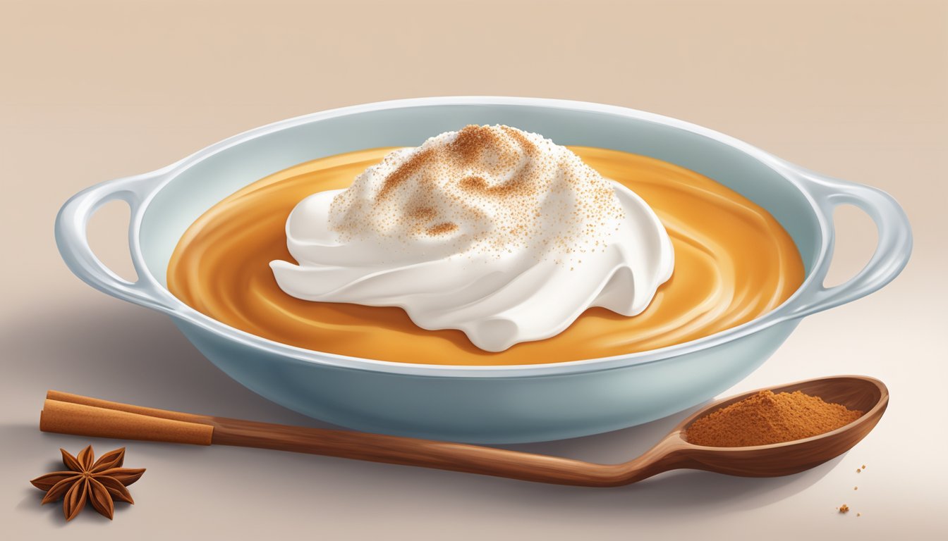 A spoon scoops crema de Sant Josep from a glass dish, topped with a dollop of whipped cream and a sprinkle of cinnamon