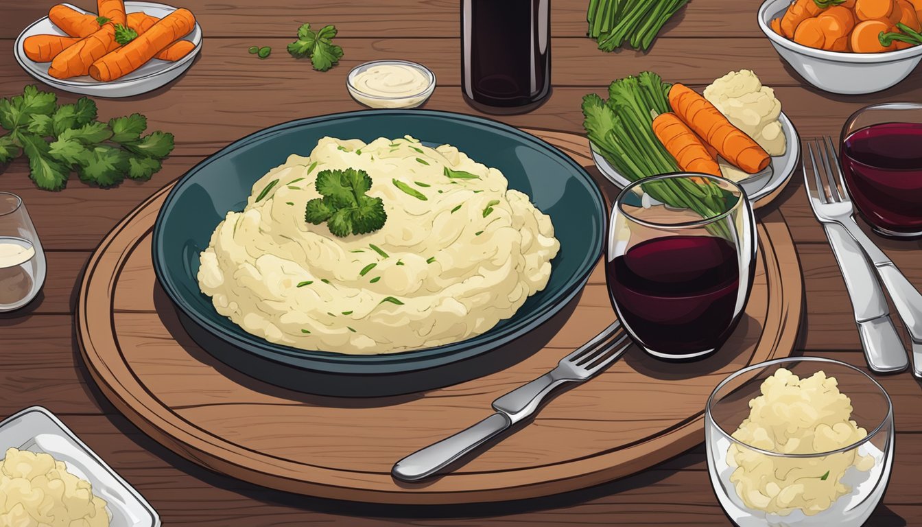 A plate of fricandó with a side of mashed potatoes and steamed vegetables, accompanied by a glass of red wine on a wooden table