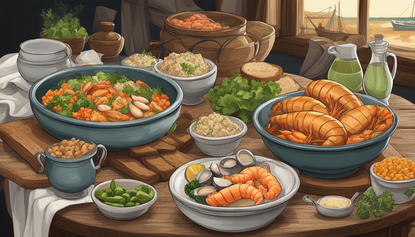 A rustic table set with a steaming bowl of suquet de peix surrounded by fresh seafood, vegetables, and a loaf of crusty bread