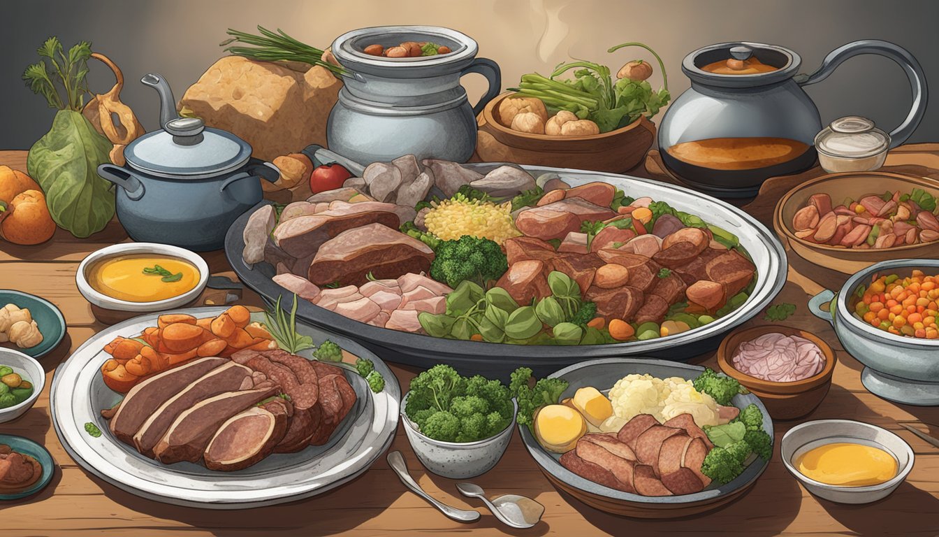 A table set with a steaming pot of cozido à Portuguesa surrounded by assorted meats, vegetables, and broth