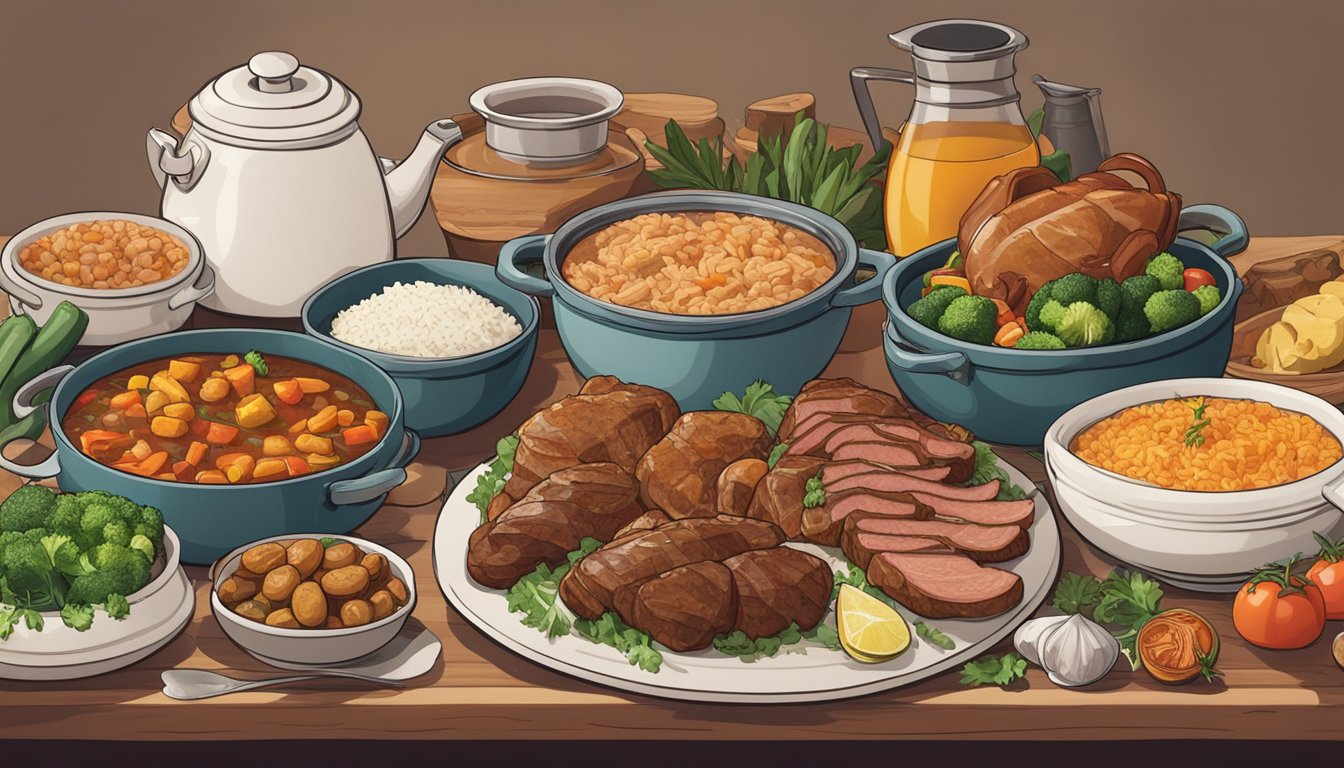 A table set with a steaming pot of cozido à portuguesa surrounded by various meats, vegetables, and a side of rice