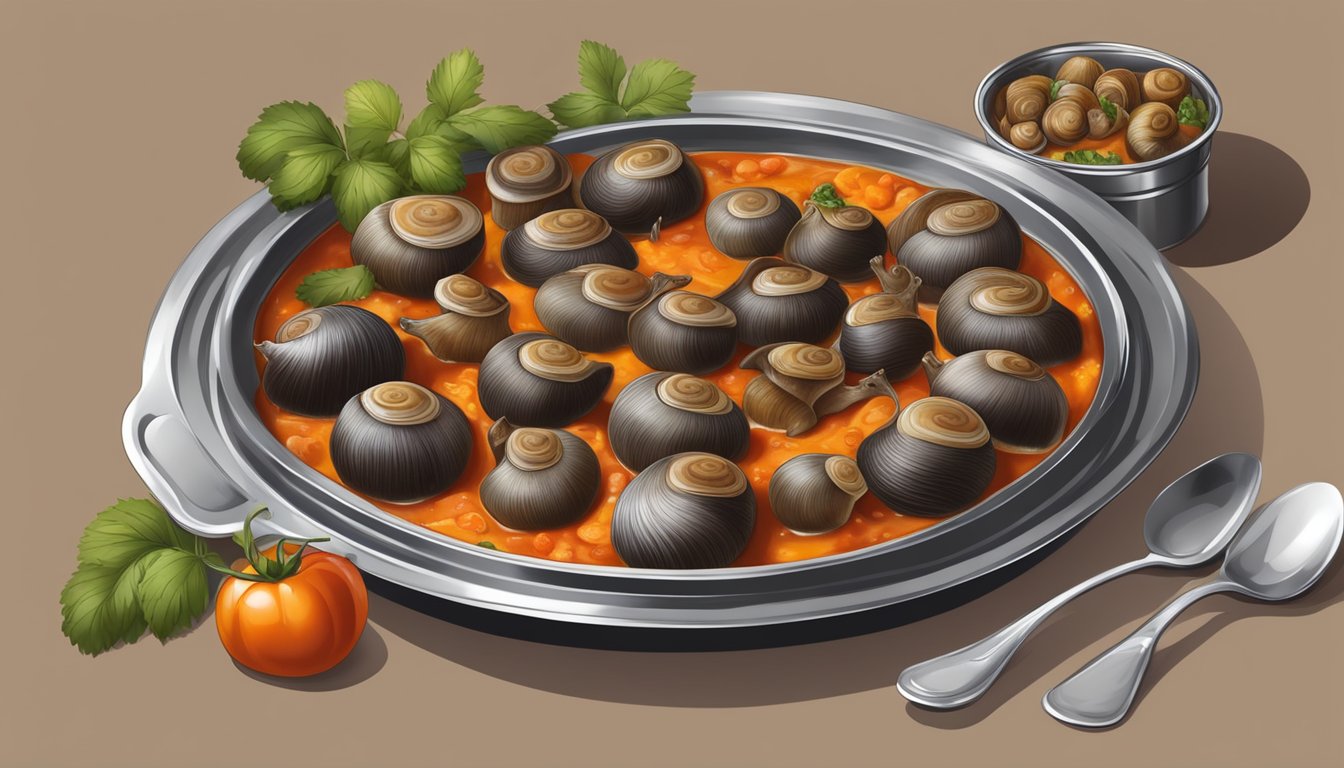 A table set with a traditional Catalan dish of cargols a la llauna, featuring snails cooked in a rich tomato and herb sauce, served in a metal tray