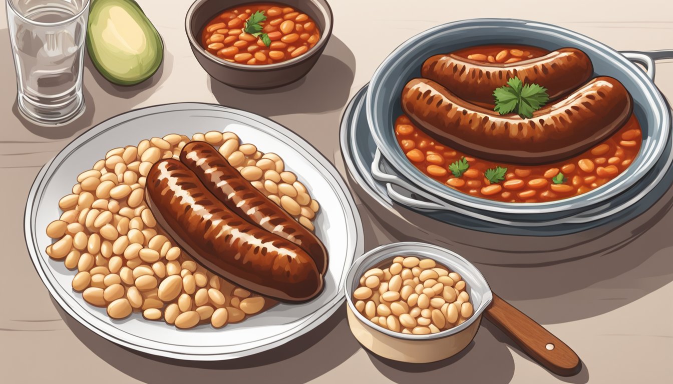 A plate with a whole botifarra sausage next to a bowl of mongetes (white beans) in a rich tomato sauce