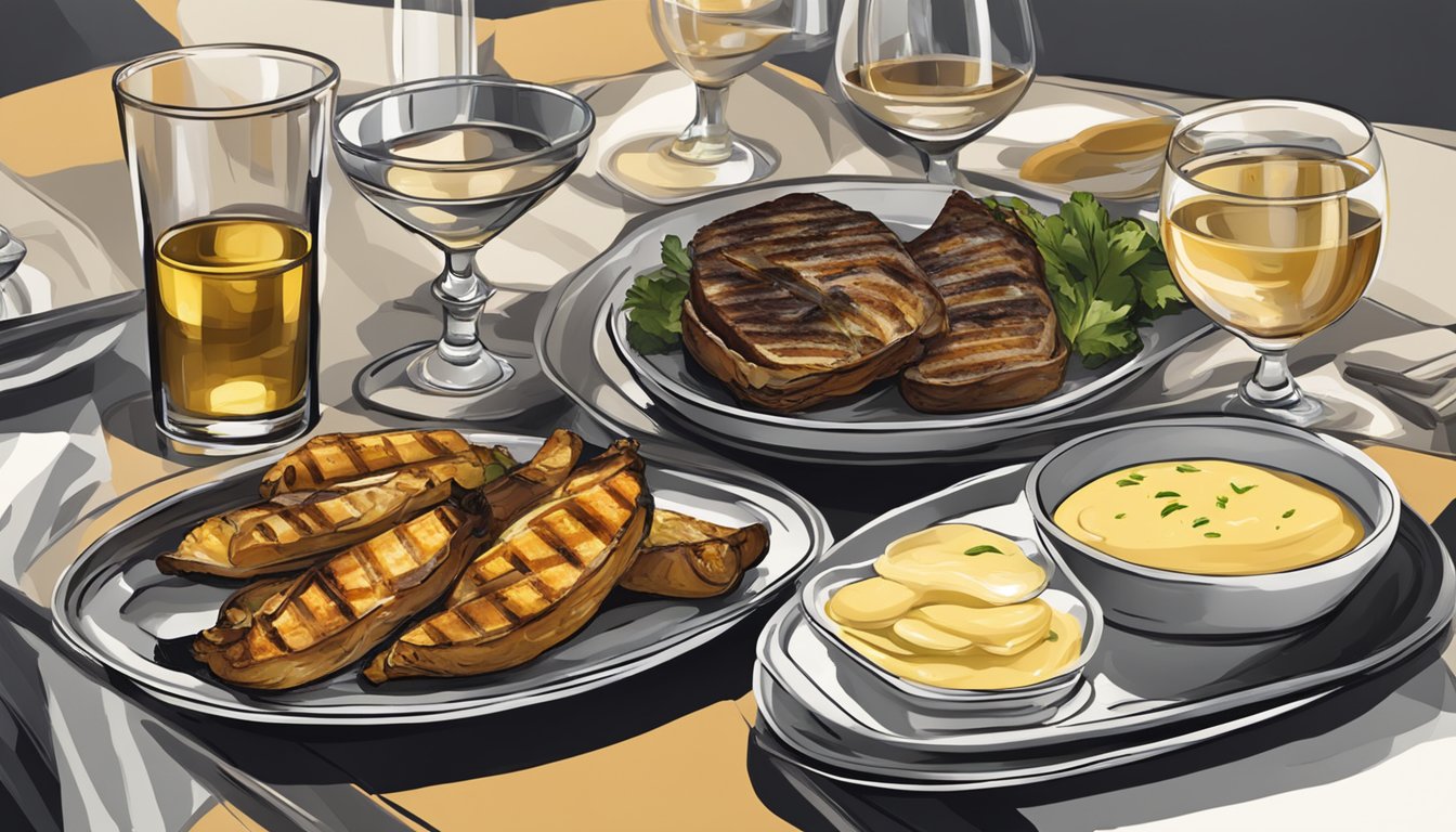 A table set with a metal tray of grilled cargols a la llauna, accompanied by a side of aioli and a glass of wine