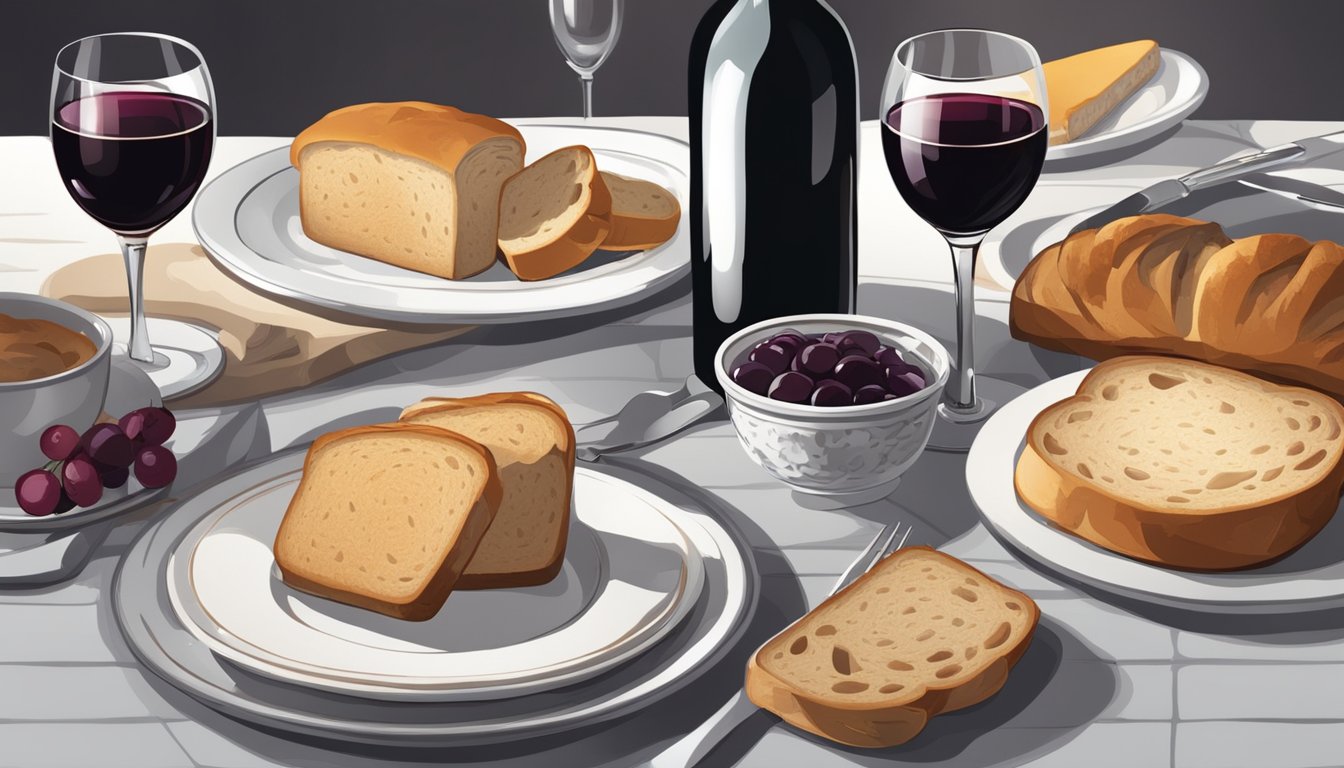 A table set with a plate of botifarra amb mongetes, a knife, and a fork. A glass of red wine and a loaf of bread complete the scene