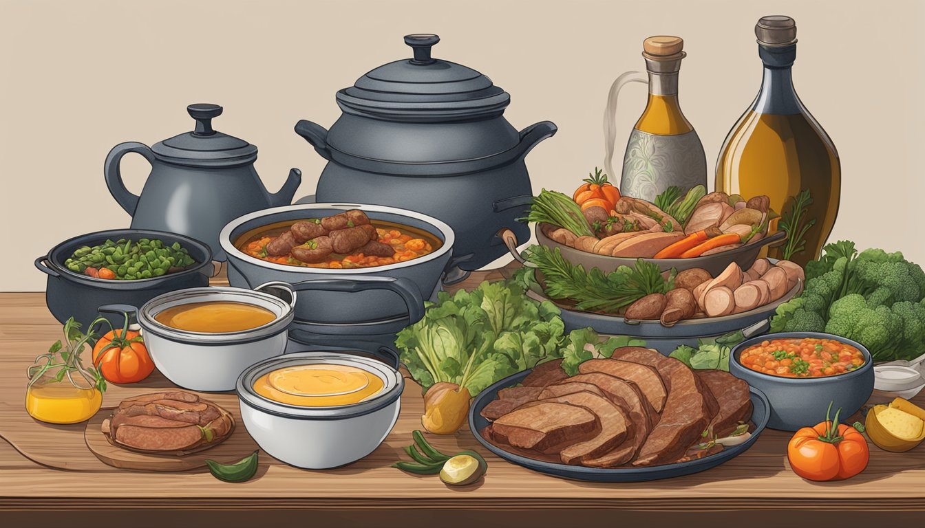 A table set with a steaming pot of cozido à portuguesa surrounded by assorted meats, vegetables, and broth