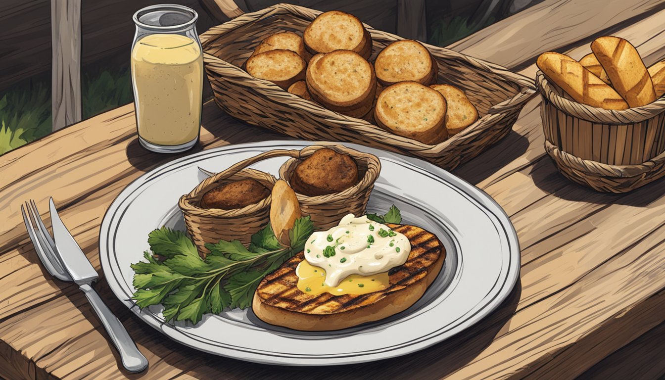 A plate of grilled cargols a la llauna with a side of aioli and a basket of crusty bread on a rustic outdoor table