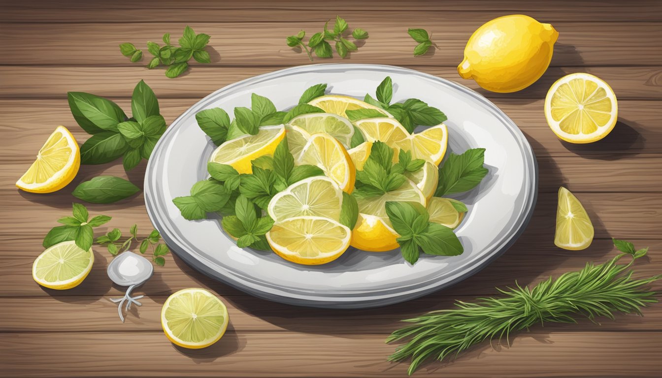 A plate of cargols a la llauna, garnished with fresh herbs and lemon wedges, presented on a rustic wooden table