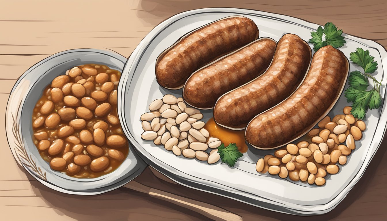 A plate with a whole botifarra sausage sliced into pieces, served with a side of mongetes (white beans) in a savory sauce