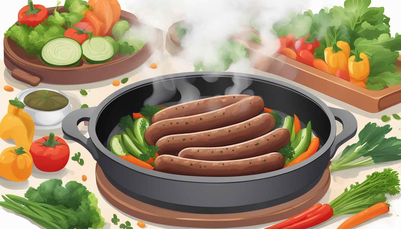 A whole alheira sausage sizzling in a hot pan, surrounded by colorful vegetables and herbs, with steam rising from the cooking process