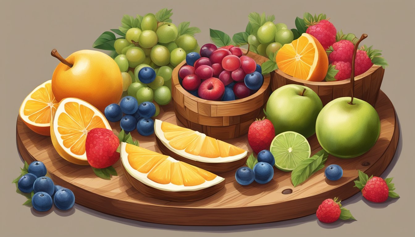 A rustic table with a wooden board holding a round of fresh mel i mató, surrounded by a colorful array of ripe fruits and a drizzle of honey