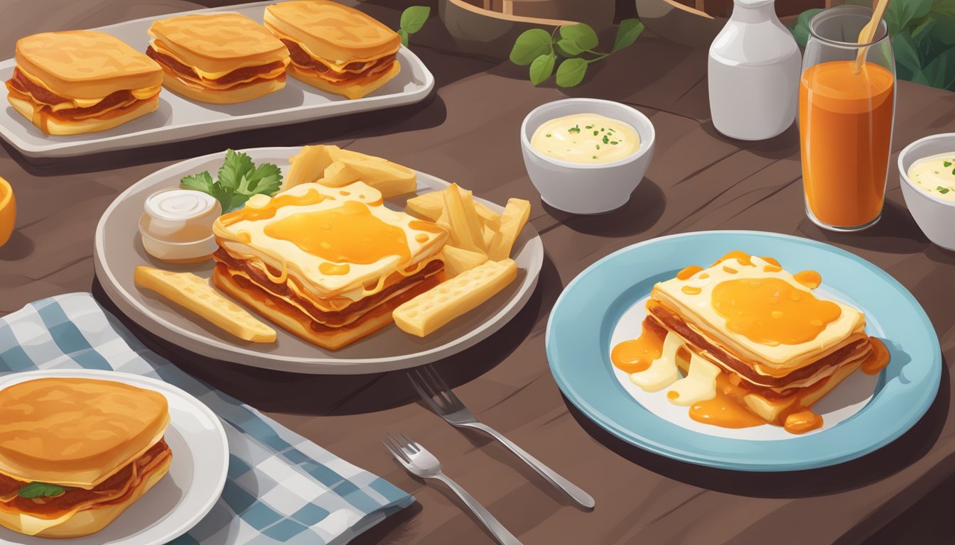 A plate with a francesinha sandwich, topped with melted cheese and surrounded by a pool of spicy tomato sauce