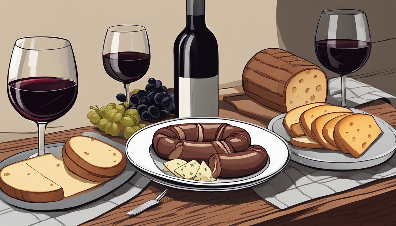 A plate with alheira sausage sliced and arranged with bread, cheese, and olives. Wine glasses and a bottle of red wine nearby