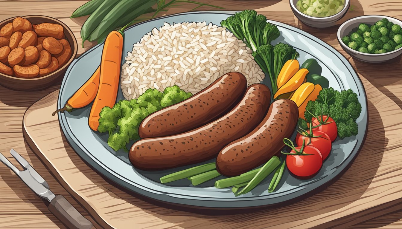 A plate with alheira sausage, surrounded by fresh vegetables and a side of rice