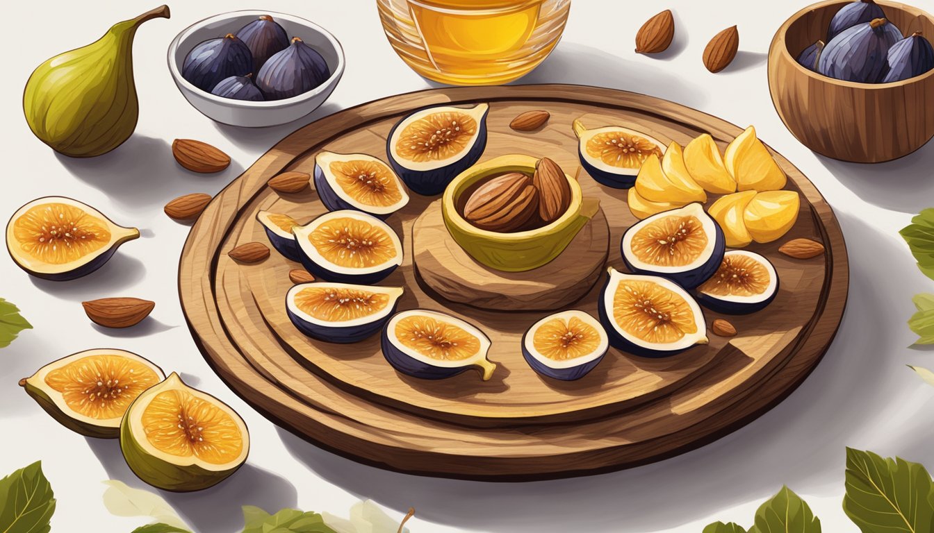 A wooden platter holds a round of mel i mató, drizzled with honey and garnished with fresh figs and almonds